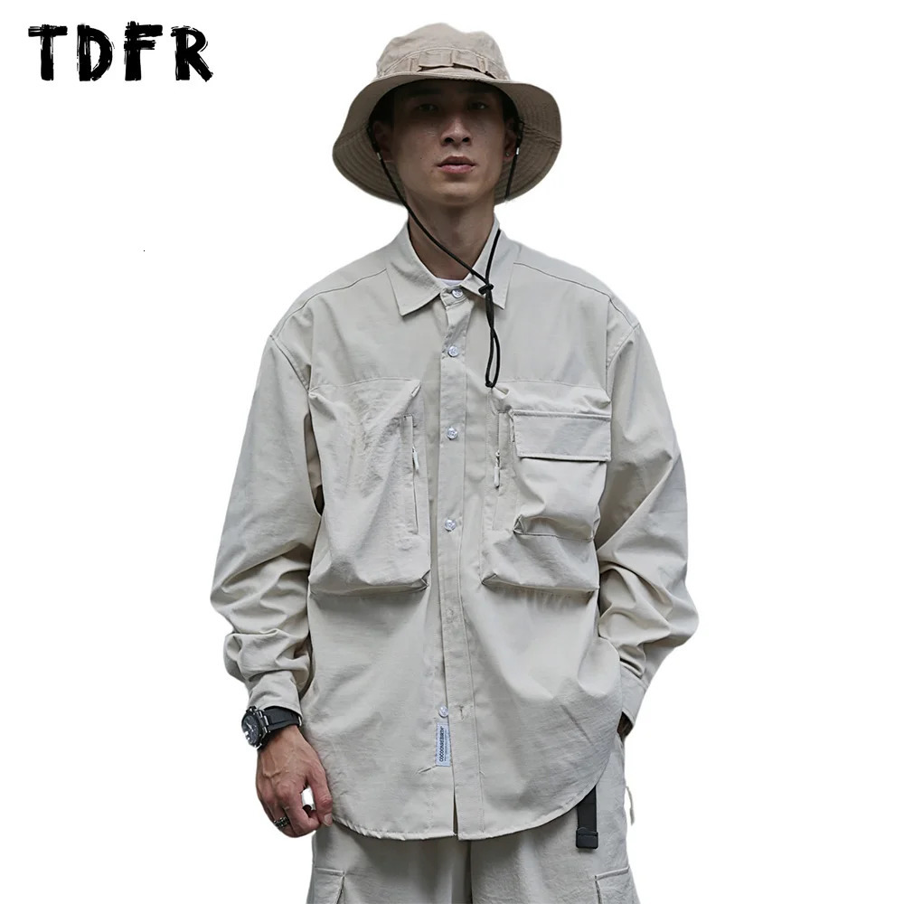 Pocket Cargo Shirts Mens Autumn Casual Solid Color Safari Style Curved Hem Loose Lapel Single Breasted Long Sleeve Shirts Men 260429