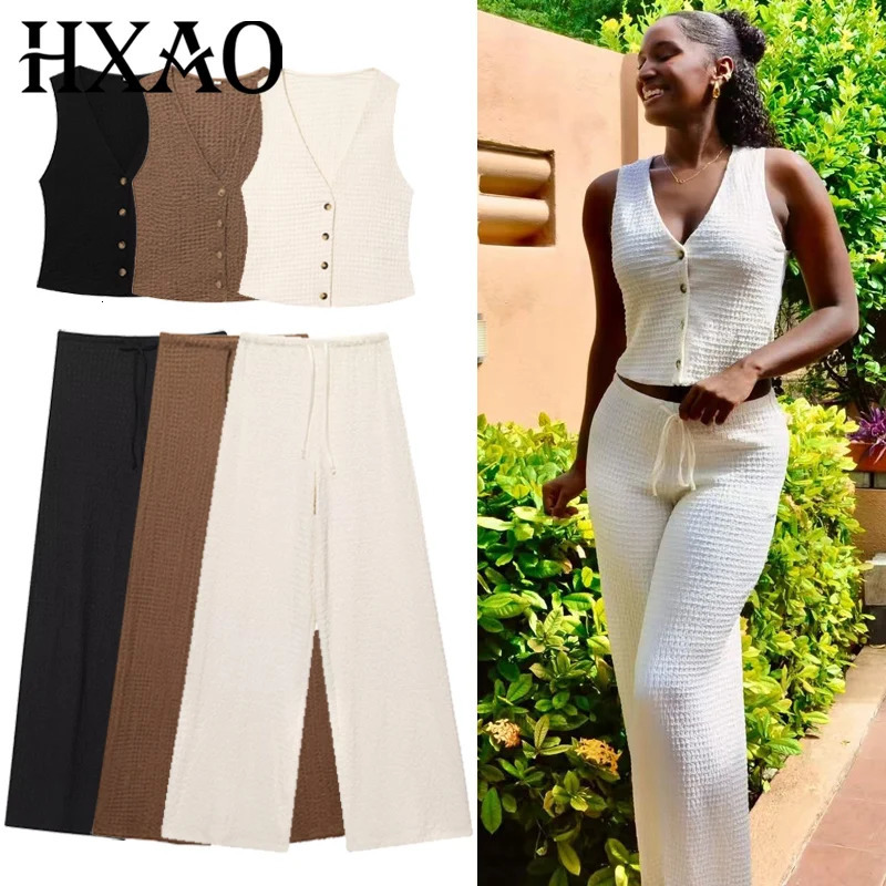HXAO Textured Pant Sets Womens Two Pieces Set Crop V-Neck Sleeveless Vest 2 Piece Sets Woman Outfit Lace-Up Trousers Sets Suits 260430