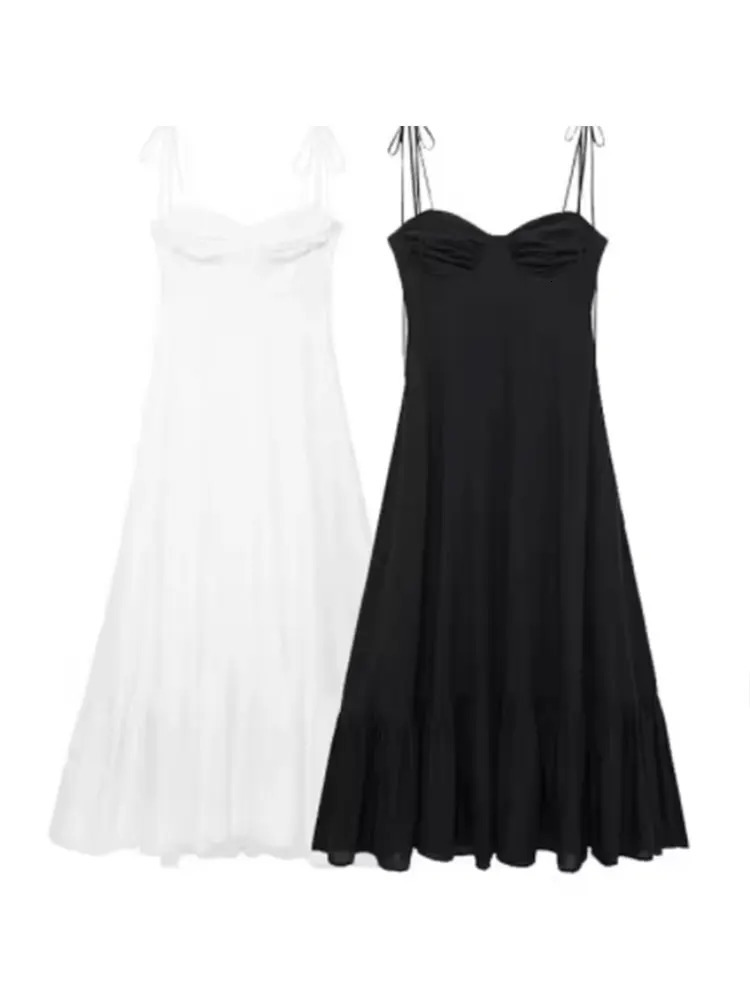 Summer Woman Dress Spaghetti Strap Sleeveless Backless Lace-Up Zipper Pleats Sweet Beach Style Female Long Dresses 260430
