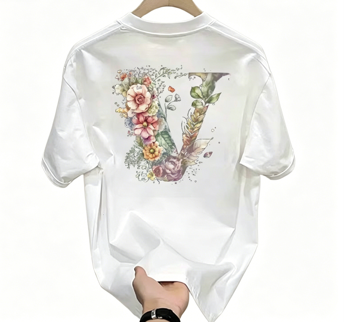Wholesale Summer New Unisex Cotton T-shirt Men Women Trendy Watercolor Floral V Print Round Neck Short Sleeve Versatile Casual Top S-5XL