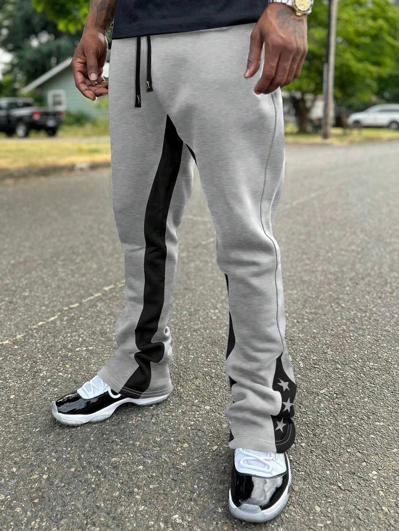 Mens Colorblock Star Print Flare Pants Casual Patchwork Joggers SlimFit Polyester Fabric Fall Winter Fashion 260430