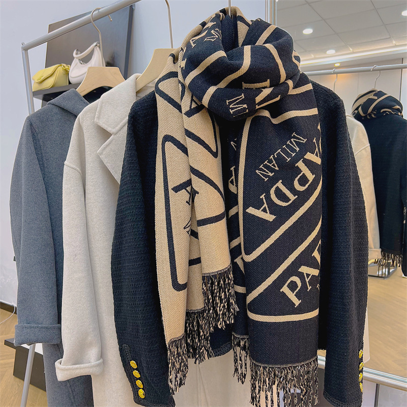 New designer autumn and winter letter imitation cashmere scarf, versatile for women, thick tassel shawl, fashionable and warm scarf