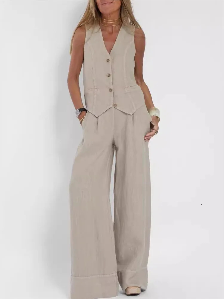 Fashion Vest And Pants Sets For Women Cotton Solid Casual Suit Patchwork Sleeveless Button Top Pants 2 Piece Set Office Ladies 260430
