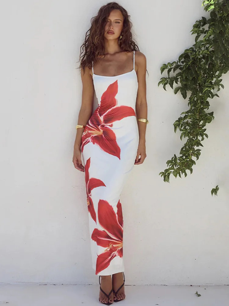 Mozision Flo Print Long Dress For Women Gown Summer Spaghetti Strap Sleeveless Backless Bodycon Sexy Midi Dress Elegant 260430