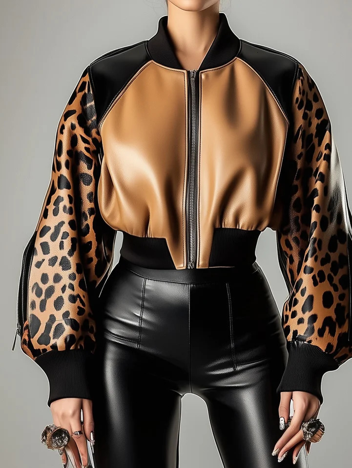 Womens PU Leather Jacket Leopard Print Patchwork Lantern Sleeve Coat Zippers Female Spring Autumn O Neck Short Baseball Jacket 260430