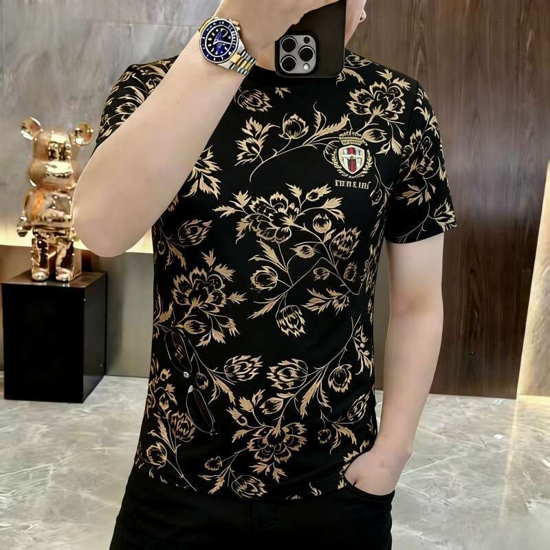 Luxury Brand Designer Clothes 2026 Summer Men's Round Neck Short Sleeve T-Shirt With New Chinese Style Embroidered Floral Design, Trendy Fashio