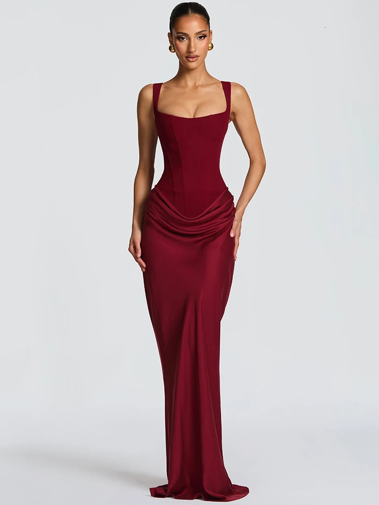 Mozision Elegant Backless Sexy Maxi Dress Women Gown Fashion Square Collar Sleeveless Skinny Ruched Club Party Long Dresses 260430