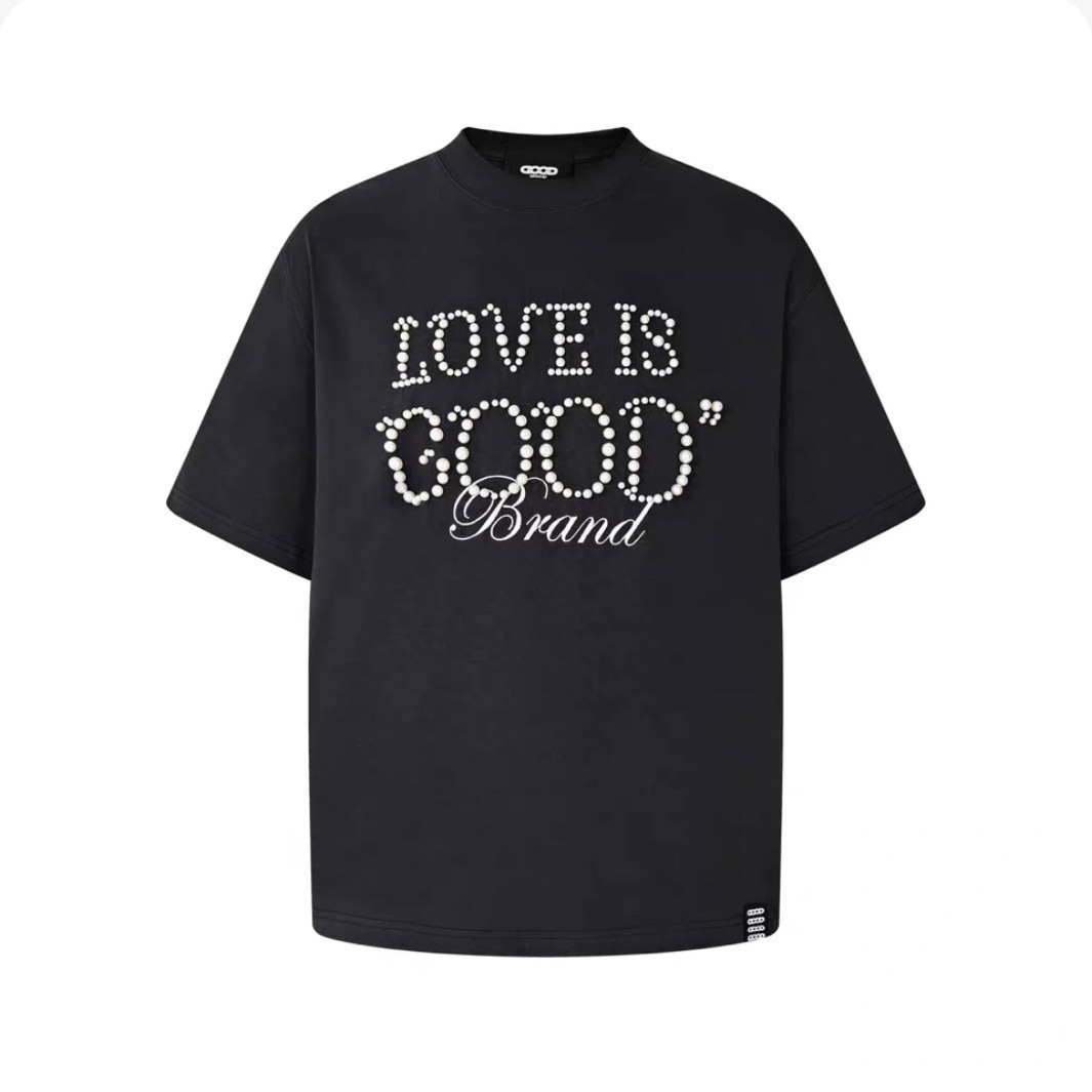 Designer Luxury Lao Bai's Same Style GOODBRANDLOVEISGOOD Pearl Slogan Short-sleeve Heavyweight Unisex Couple's T-shirt Trendy Brand