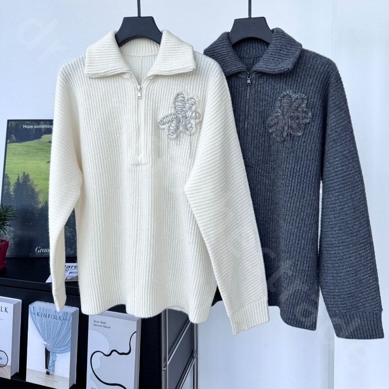 Luxury Designer Womens Cashmere Sweaters Winter Flower Chain Half Zipper Lapel Badge Loose Solid Color Long Sleeve Thick Sweaters B1289