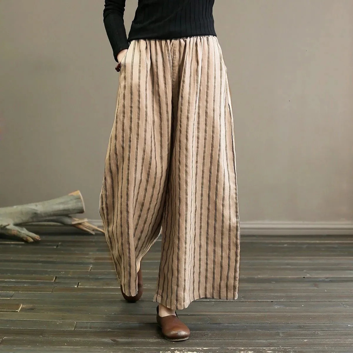 Spring and Summer Retro Literary Original Cotton Linen Black Khaki Stripe Womens Plus Size Loose Casual Slimming Wideleg Pants 260430