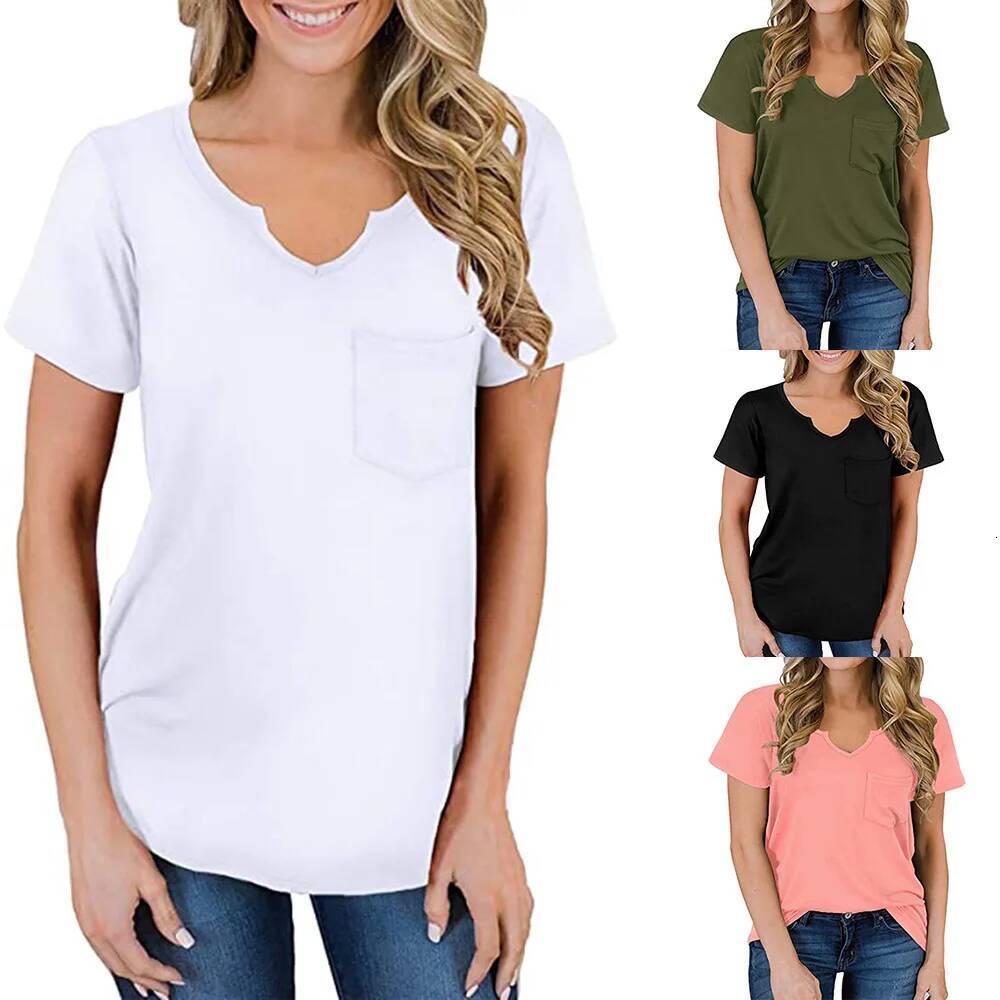 2024 Europe the United States spring and summer new women's top V-neck pocket short sleeve loose T-shirt woman dongdumaoyi
