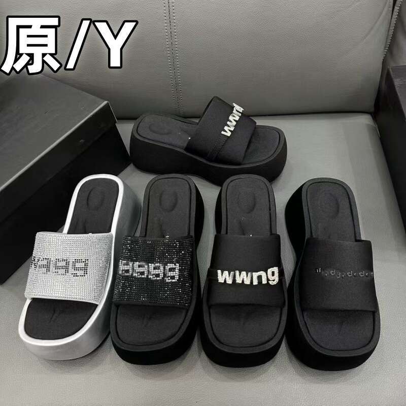 New thick-soled women's black slip-on sandals with diamond embellishments, 10CM height increase, suitable for designer sandals slippers outdoor