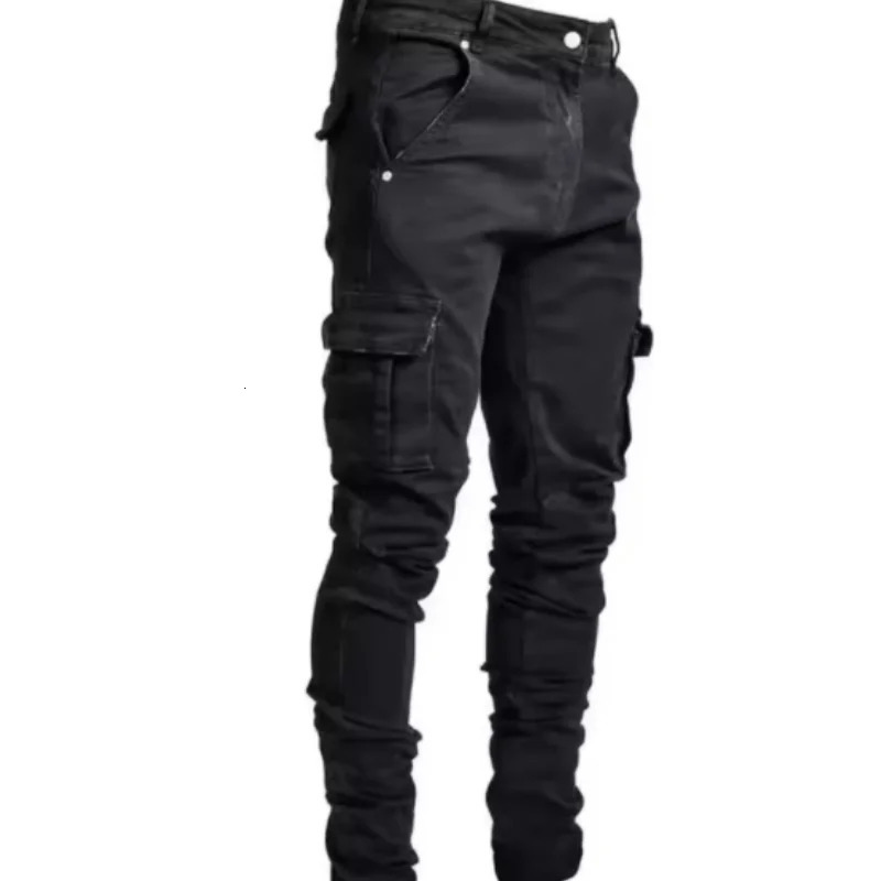 Fashionable mens denim work pants street style black gray multi pocket jeans American casual multi pocket jeans 260429