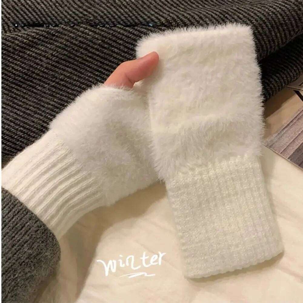 New Fleece Winter Half Finger Women Warm Luxury Solid White Plush Knitted Fingerless Gloves Writting Soft Wrist Mittens