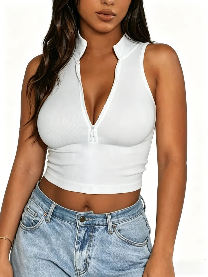 Womens Tank Top Ribbed Zipper Front Sleeveless Crop Fitted Casual Chic Apparel Tops Spring Summer Daily Shirts 260429