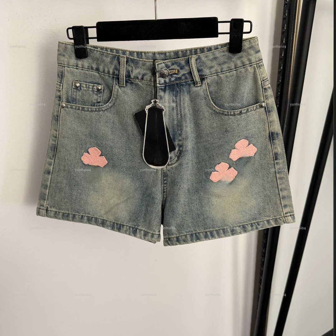 Popular women pants high quality girls shorts designer clothes women pink embroidered washed denim shorts A499X10N000-image-1106330736