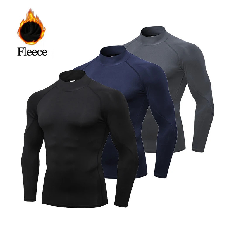 Winter Fleece Sports Shirt Men High Neck Compression Shirt Long Sleeved Training Top High Stretch Undershirt 260430