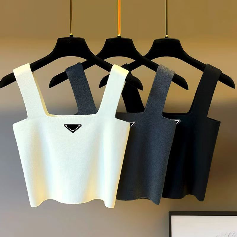 Designer Women Vest Triangle Logo Classic Basic Knit Crop Top Square Neck Wide Strap Sleeveless Camisole Casual Tank Tops