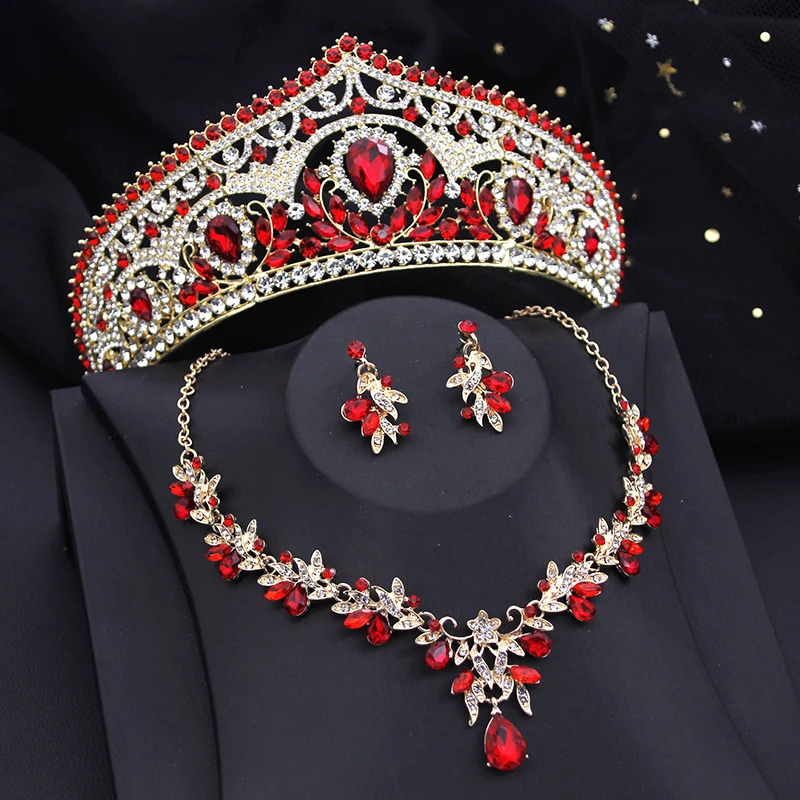 C3761 Hip Hop Rock Bridal Jewelry Set, Red and Gold Water Drop Tiara, Necklace, Earrings for Wedding Party