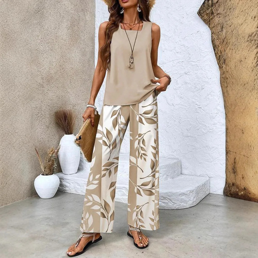 Summer Womens Flower Stripe Print Two-Piece Set Square Collar Sleeveless Vest Solid Tops Long Pants Sets Female 2025 260430