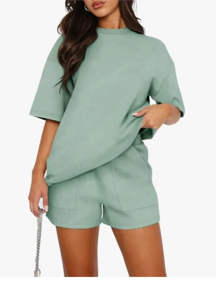 Fashion Summer Solid Casual Suit Elegant Casual O Neck Short Sleeve Short Pants Set Of 2 Pieces Holiday Womens Clothing 260427