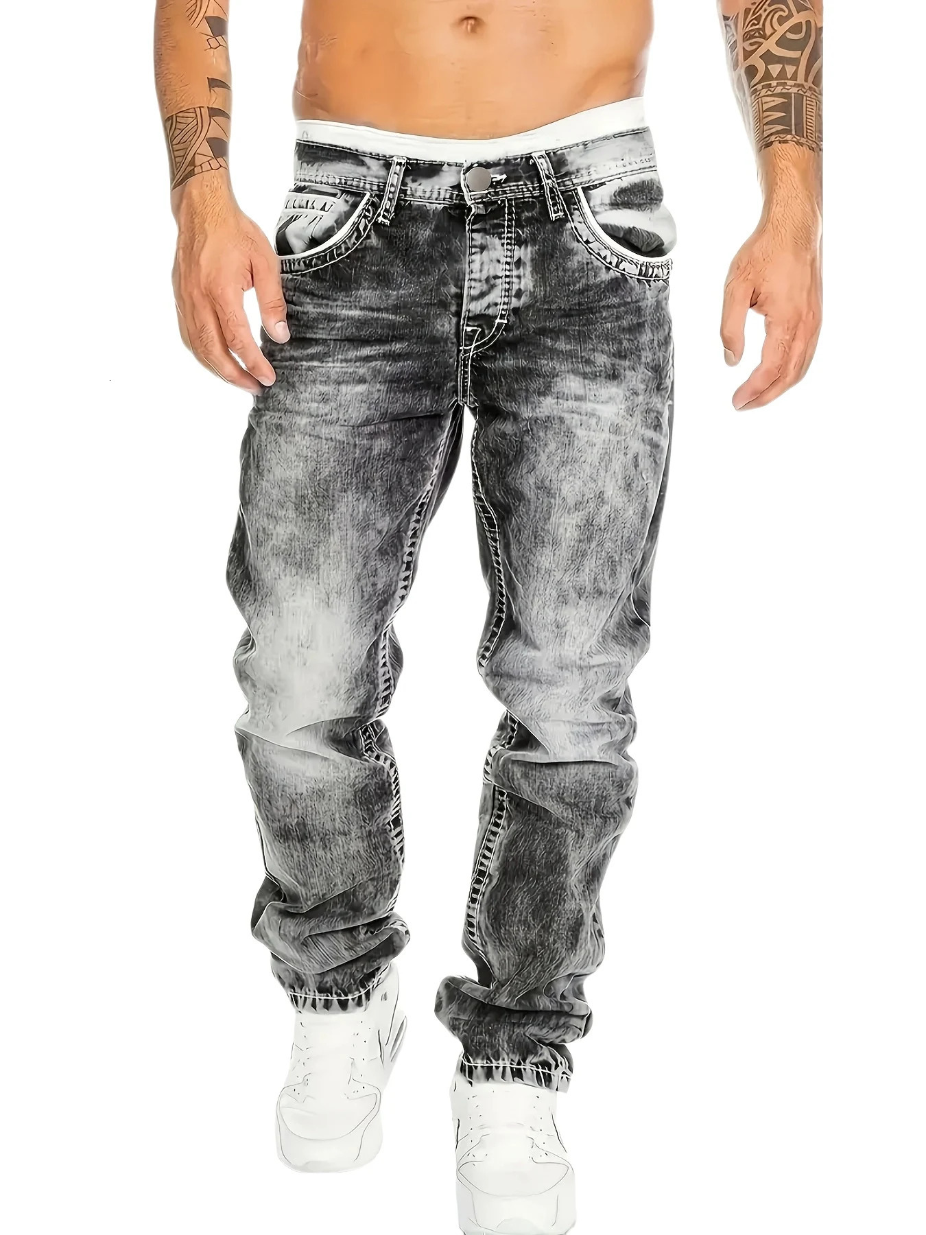 1pc Mens Casual Slim-Fit Stretch Jeans Fashionable Street-Style Gradient Denim Pants with Washed-Out Look Regular Fit Machin 260430