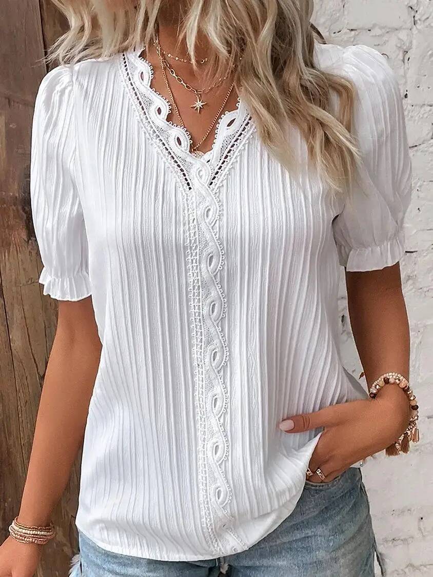 Plus Size Women's Shirt Blouse Yellow-green Violets Plain Lace Short Sleeve Casual Basic V Neck Regular Pullover White Blo dongdumaoyi