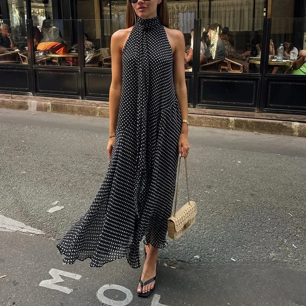 KONDALA Sexy Halter Scarf Dot Print Dress Women Sleeveless Backless Chiffon Holiday Dress Fashion Summer Loose Beach Dress 260430