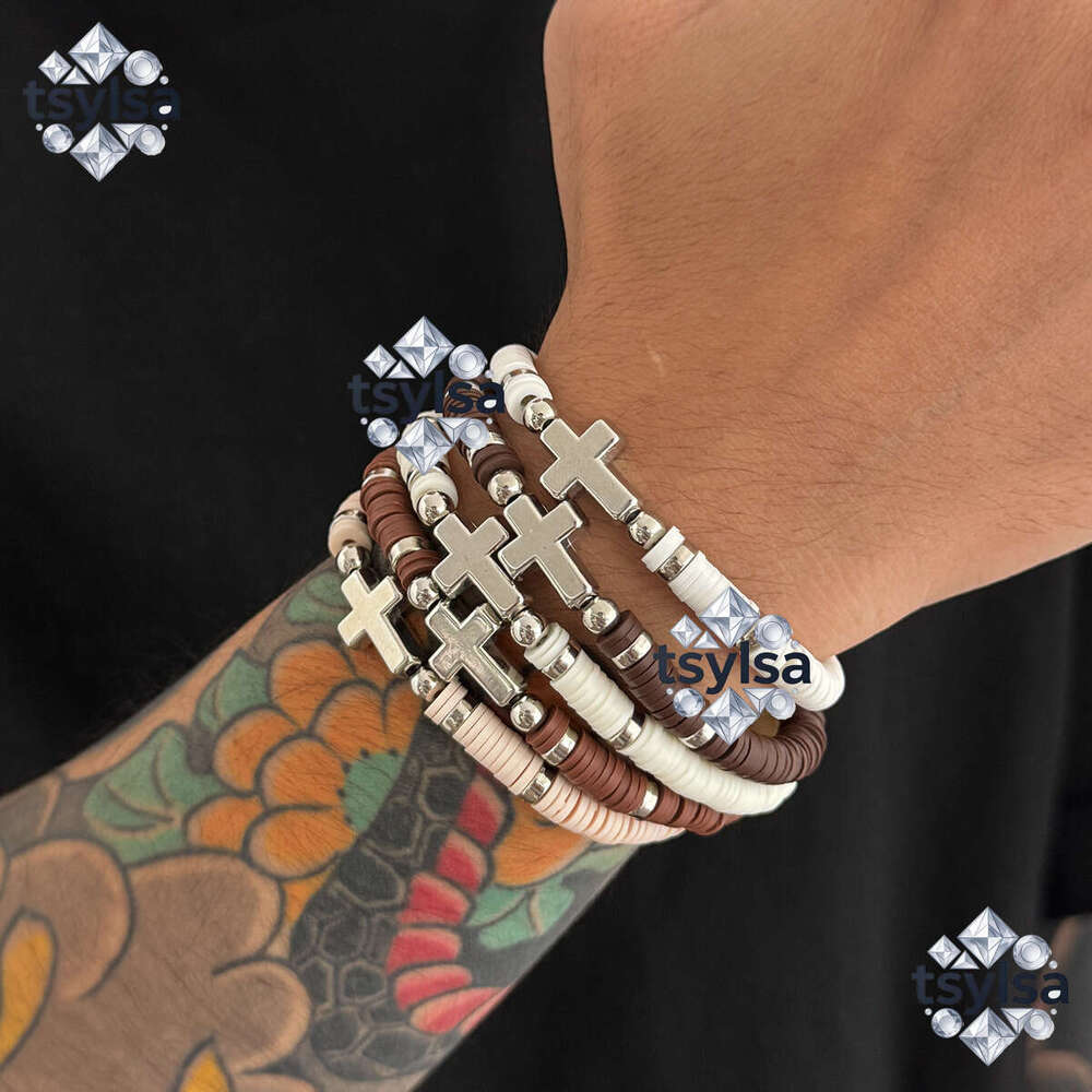 New European and American soft clay cross beaded with a high-end feel, hip-hop niche layered bracelet for men