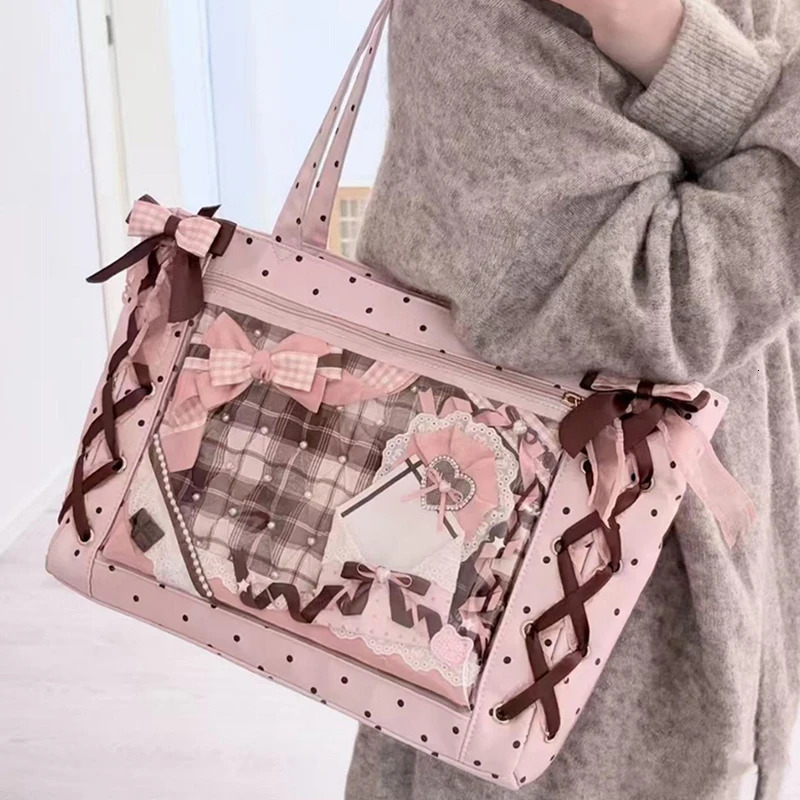 Japanese Vintage Pink Polka Dot Shoulder Bag, Bow Lace Tie Ita Handbag - Laptop Bag for Party, PP Material 260430