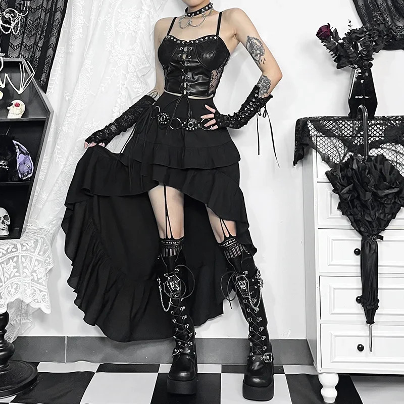 Goth Dark Kawaii Black Tiered Skirts 90S Retro Irregular Hem Party Bottoms Mall Gothic Women Fashion Dragging Skirt Alt Clothing 260430