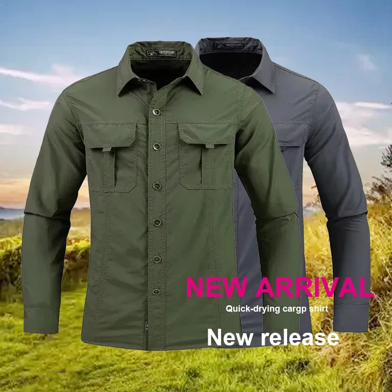 Mens Lightweight Quick-Drying Shirt Tactical Casual Military Long-Sleeved Cargo Shirt Breathable Sport Sunscreen Hiking Shirt 260427