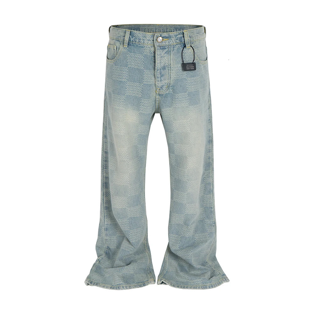 High Street Checkered Micro Flared Jeans for Men Patchwork Straight Loose Boot Cut Oversized Casual Baggy Denim Trousers 260429