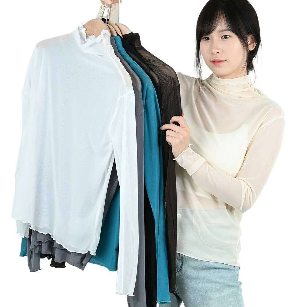 Sexy Women Mesh T Shirts See Through Transparent Tops Long Sleeve Sheer Slim Ladies Solid Turtleneck Silk T-Shirt Lace Crop Top