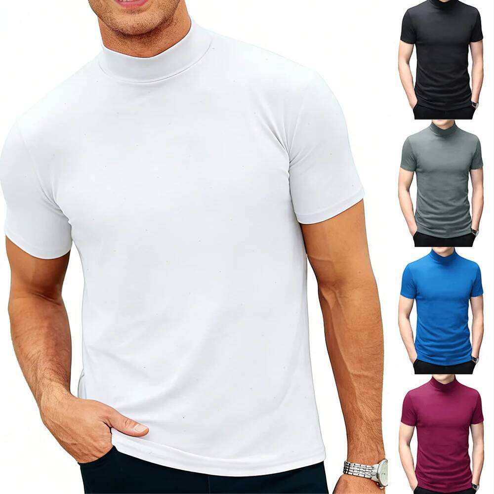 Mens T Shirt Short Sleeve Basic Mock Turtleneck Lightweight Slim Fit Undershirt Pullover Thermal Solid Tops Black Bottoming Tees