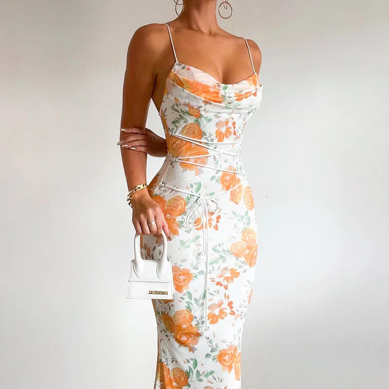 Spring Summer Floral Print Spaghetti Strap Long Dresses Women Sleeveless Backless Bandage Women Elegant Party Dress 260427