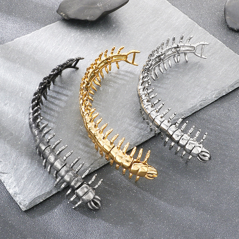 316L Stainless Steel Centipede Men's Bracelet, Retro Punk Silver, Black and Gold Hand Chain, Biker 3D Gothic Style Polished Jewelry, Gift for F