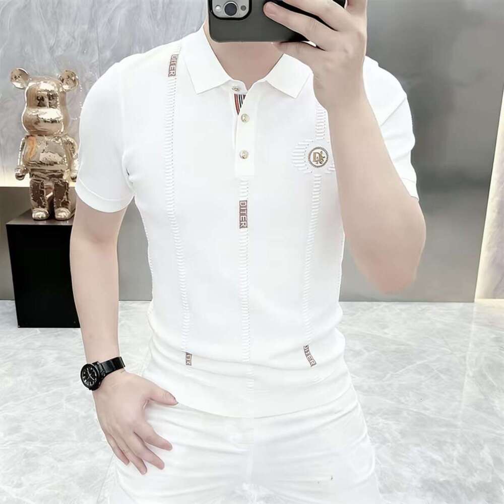 Luxury Brand Designer Clothes Summer New Men's Turn-Down Collar Polo Shirt, Slim-Fit Business Fashion White Knitted Short-Sleeved T-Shirt Trend