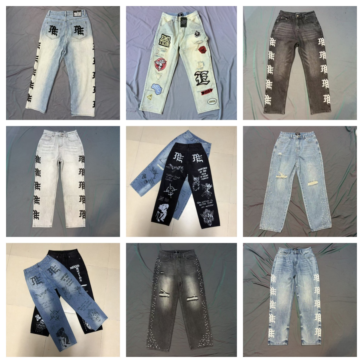 Hot sell Designer Mixeds Trendy Emotions Jeans High Street Washed Vintage Rhinestone Loose Straight Casual mixed emotion jeans for Men and women SIZ