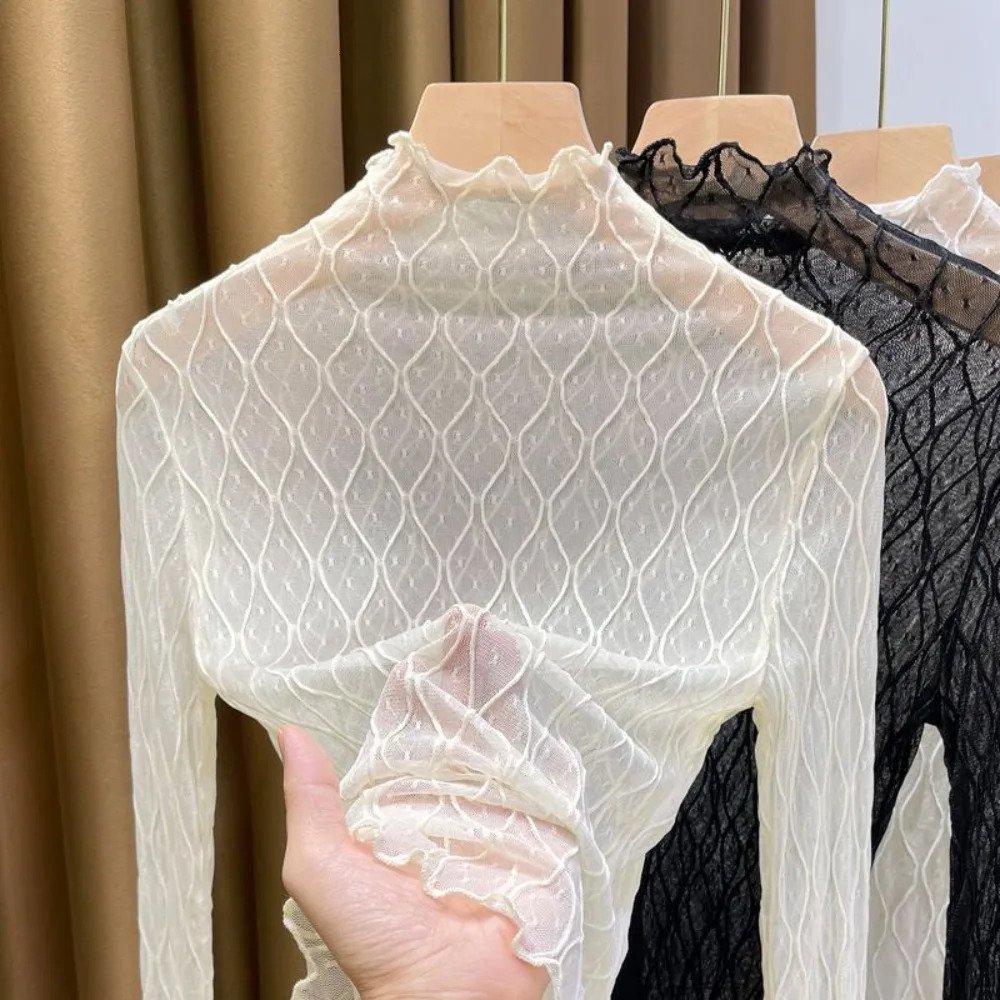 Sexy Elegant Turtleneck Top Solid Color Mesh Fabric Lace Top Hollow Pattern Breathable Mesh Top for Women 260428