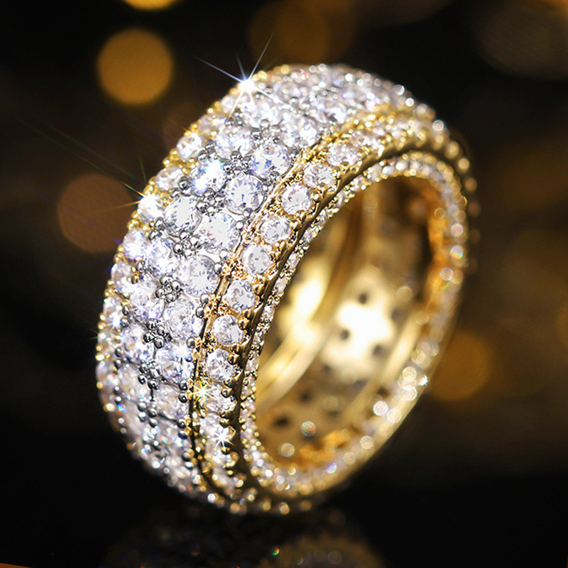 Two Tone Iced Out Cubic Zirconia Anniversary Bling Ring for Women Men 14k Gold Plated Eternity Statement Ring Crystal Diamond Wedding Promise Band J