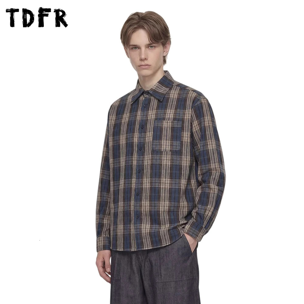 Plaid Long Sleeve Shirts Mens Pocket Retro Casual Spring Cotton Lapel Single Breasted Loose Checked Shirt Man 260430