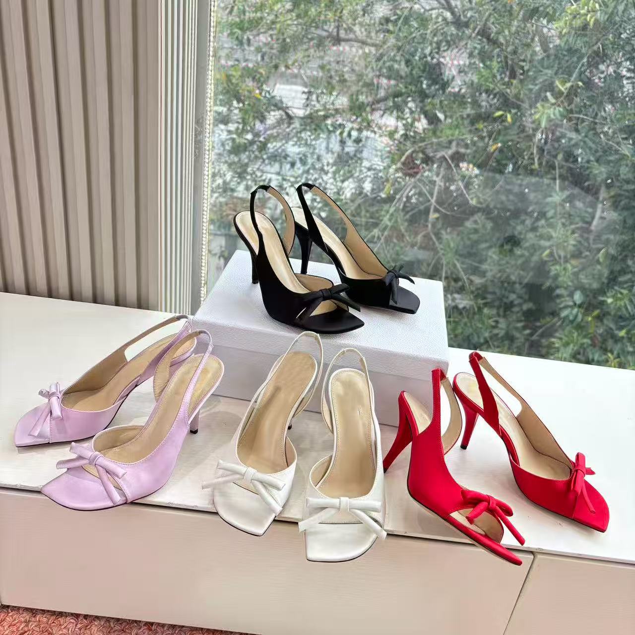 Top Designer 2026 Spring Summer Open Toes Square Toes Bowtie High Heels Genuine Leather Sole Elegant and Comfortable Perfect for Women Size 35-41 wi