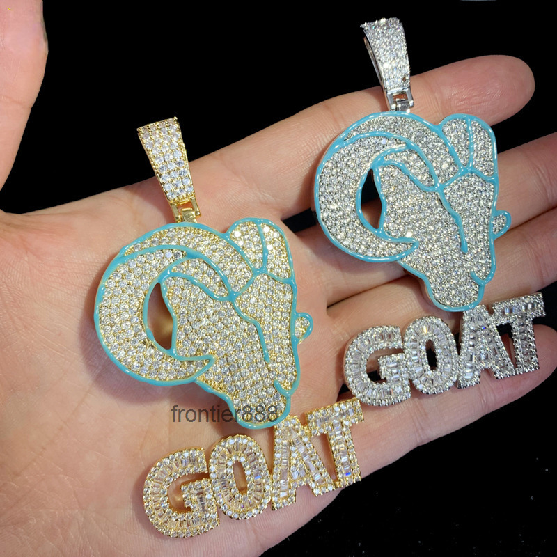 Gold Silver Plated Blue Enamel Goat Head Micro Pave 5A Cubic Zircon CZ Cute Animal Letter Goat Pendant Necklace Hip Hop Jewelry