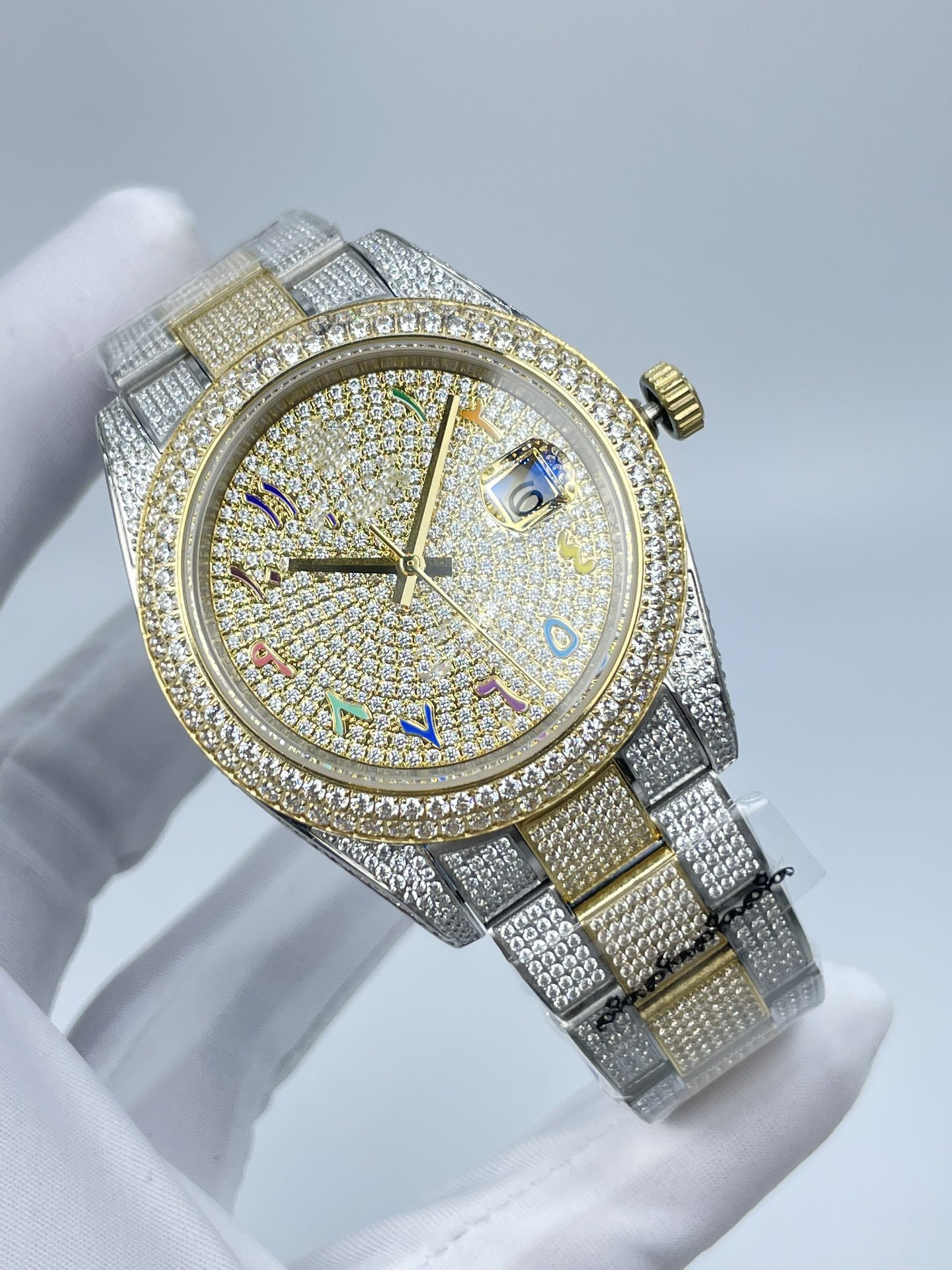 3 style men's wrist Watches 41mm RAINBOW Arabic Script Diamond dail 126334 126333 126300 Mechanical Two Tone Gold full Diamond Clasp Stainless