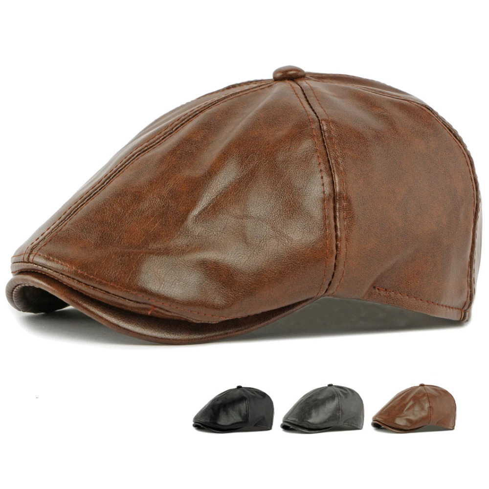 HT4937 Mens Beret Women Autumn Winter PU Leather Hat Retro Artist Painter Beret Hat Male Female Ivy Flat Cap Octagonal Beret Cap 260430