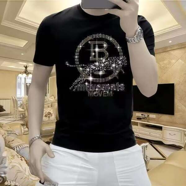 Designer 2026 High-quality Cotton Luxury Trade Light Luxury Fashion Casual Round-neck Stylish Loose Rhinestone T-shirt Short-sleeve Men's Base