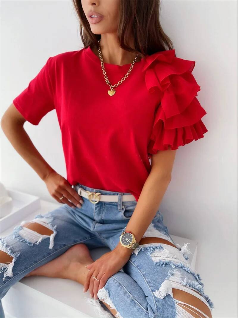 Women Summer Ruffles Short Sleeve Loose T Shirt Chic Elegant Solid O Neck Tops Casual Simple All Match Tee Streetwear Blouse dongdumaoyi