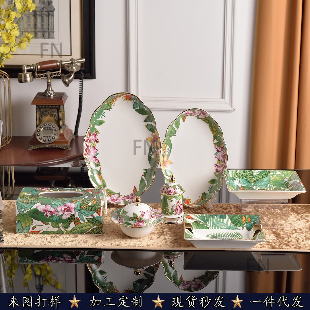 New Tropical Rainforest Series Oval Lace Fish Plate Serving Plate Jewelry Storage Plate Stew Cup Flower Ceramic Carton-image-1104560749