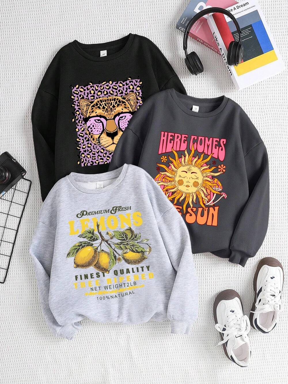 Lemons Leopard And Sun Prints Sweatshirts Winter Women Casual Loose Hoodies Fleece Warm Crewneck Pullover Comfortable Clothes dongdumaoyi